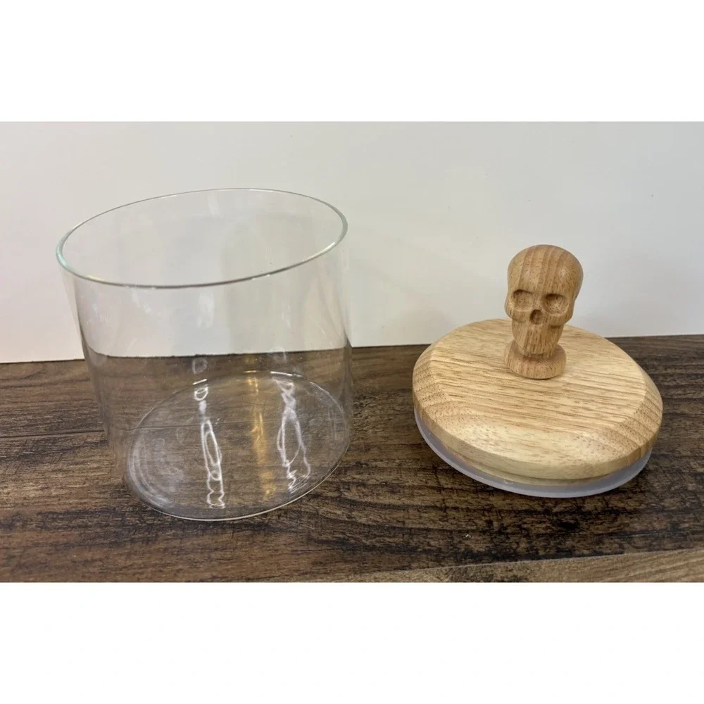 Clear Glass Jar Dish With Wooden Skull Lid Halloween Skeleton